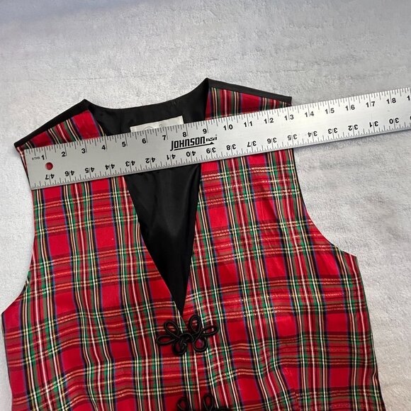 Christina James Women's V-Neck Plaid Vest Red Black Frog Button Holiday Tie-Back - Picture 5 of 7